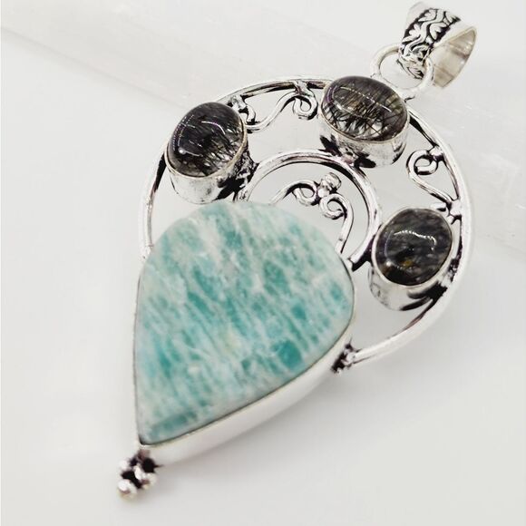 Amazonite Black Rutile Ethnic Handmade Pendant Jewelry 2.72" - Picture 4 of 4